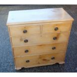 Victorian pine chest with 2 short, 3 graduated long drawers, on bun feet, W.92cm