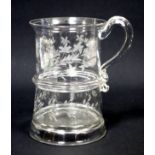 George III glass pint mug, central ribbed band, engraved with floral decoration and the initials "