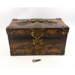 Fine Victorian coromandel decanter box with engraved brass mounts and swing handle on top, Bramah