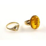 French yellow metal ring set cabochon amber, size Q 1/2,