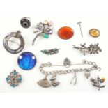 Silver curb link charm bracelet with various metal charms, circular butterfly wing brooch,