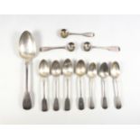 George III silver Fiddle pattern tablespoon by W R, London, 1825; 7 George IV and later teaspoons,