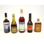 Bottle of Campari, old label, 1L, 25% vol., top shoulder; Bols Apricot Brandy Liqueur, old shape,