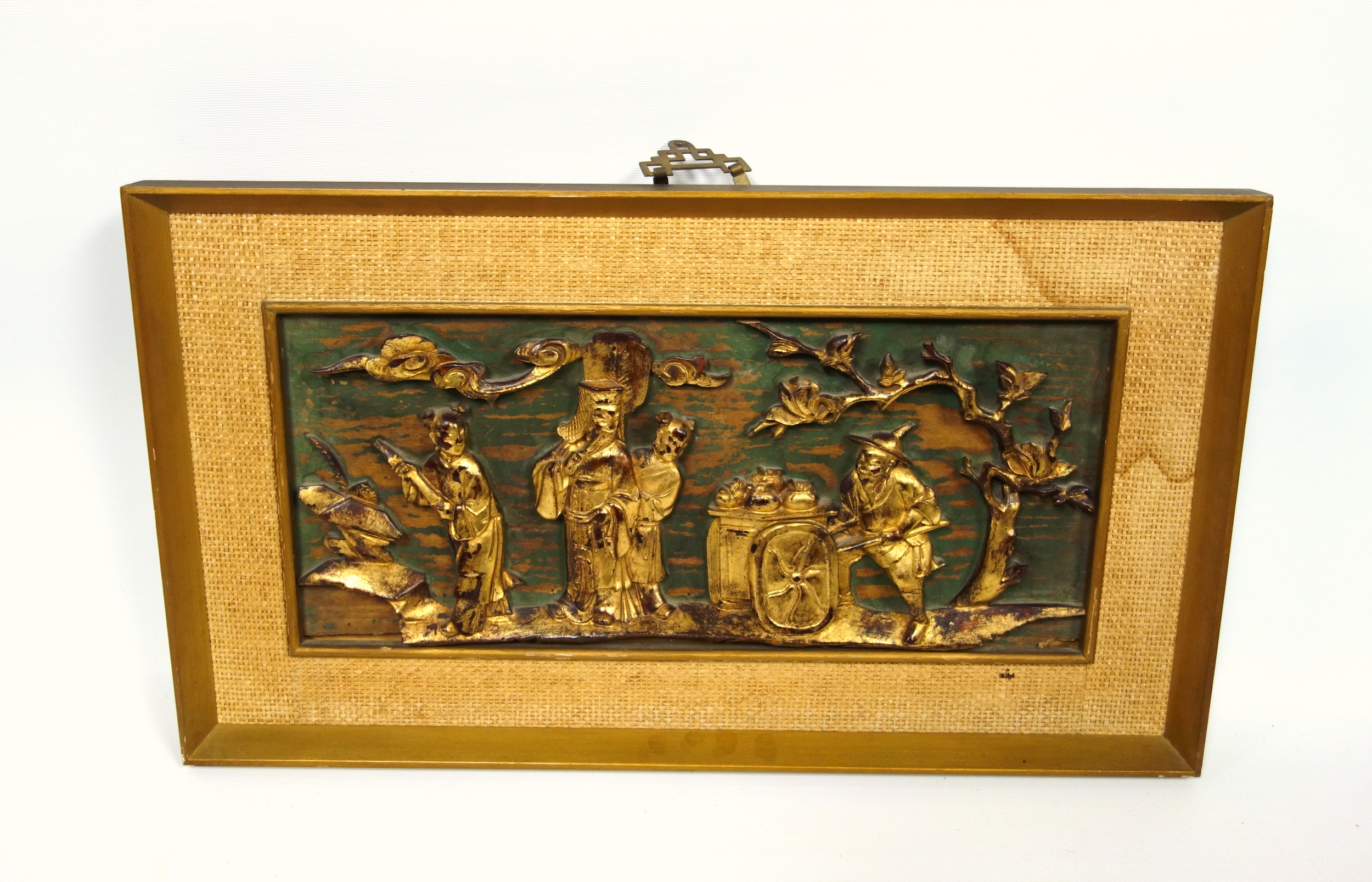 Chinese carved and pierced wood panel with figures, buildings, flowers and foliage, 23.5 x 4.5cm, ( - Image 2 of 3