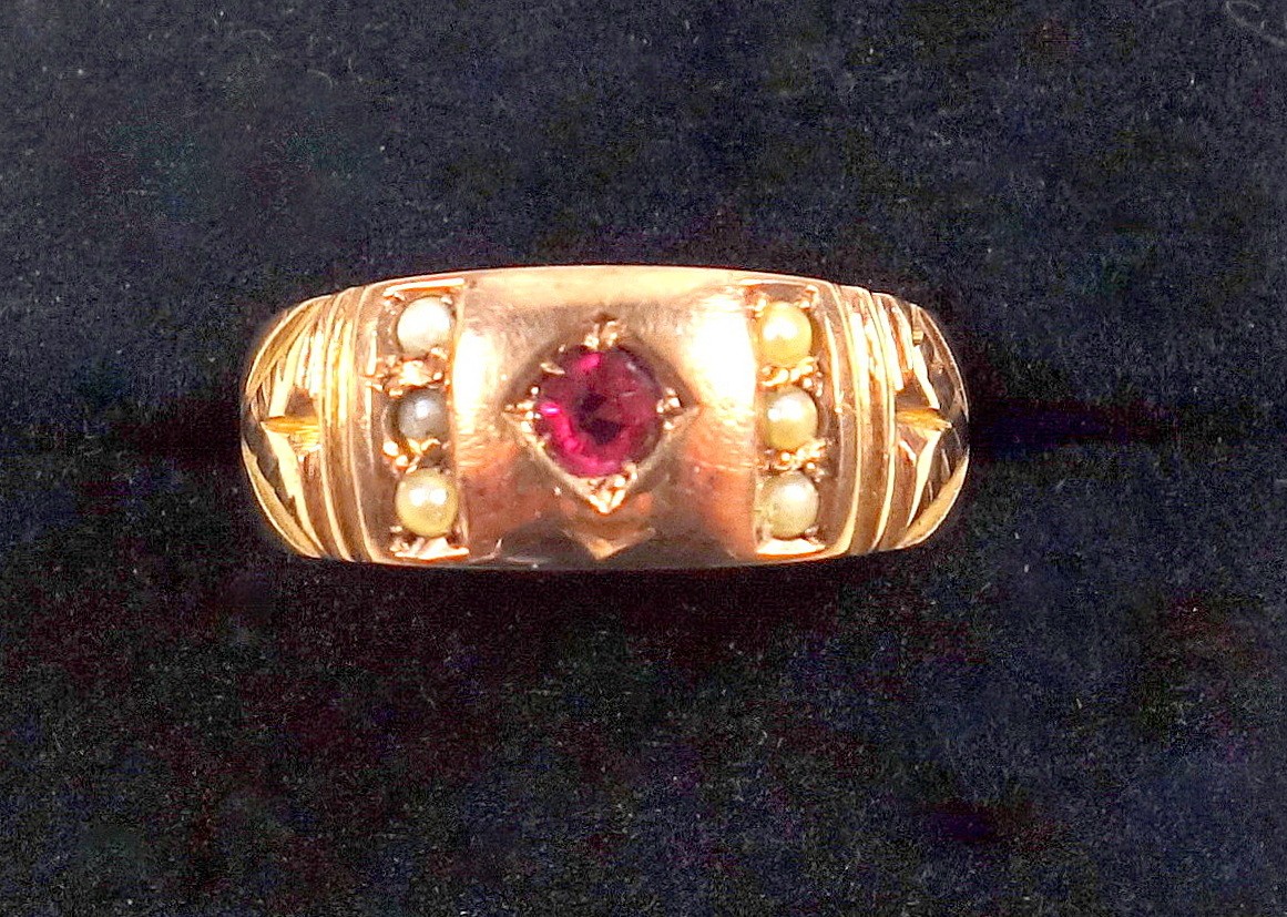 Late Victorian 9ct gold gipsy ring, size M, set ruby and 6 seed pearls, by E F B, Chester 1900, and - Bild 3 aus 4