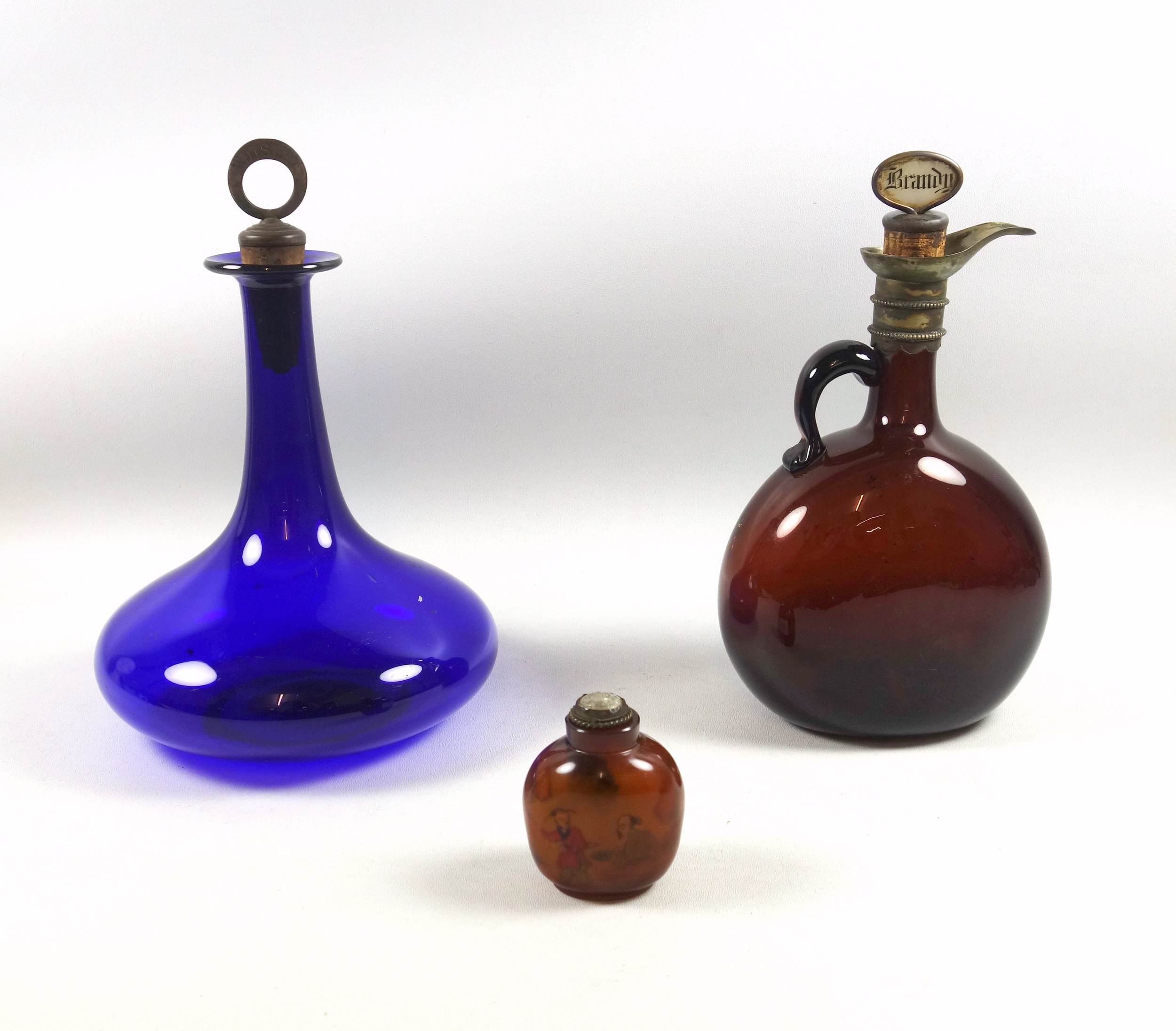 Regency cobalt blue glass mull with a tall tapering neck and whiskey stopper, H.24cm; Continental