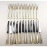 Part suite of silver rat-tail pattern cutlery comprising 12 fish knives, 12 fish forks, 12 soup