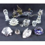 Collection of 9 Swarovski Crystal figures, including hedgehog, dog, cat, owl, bird, tortoise,