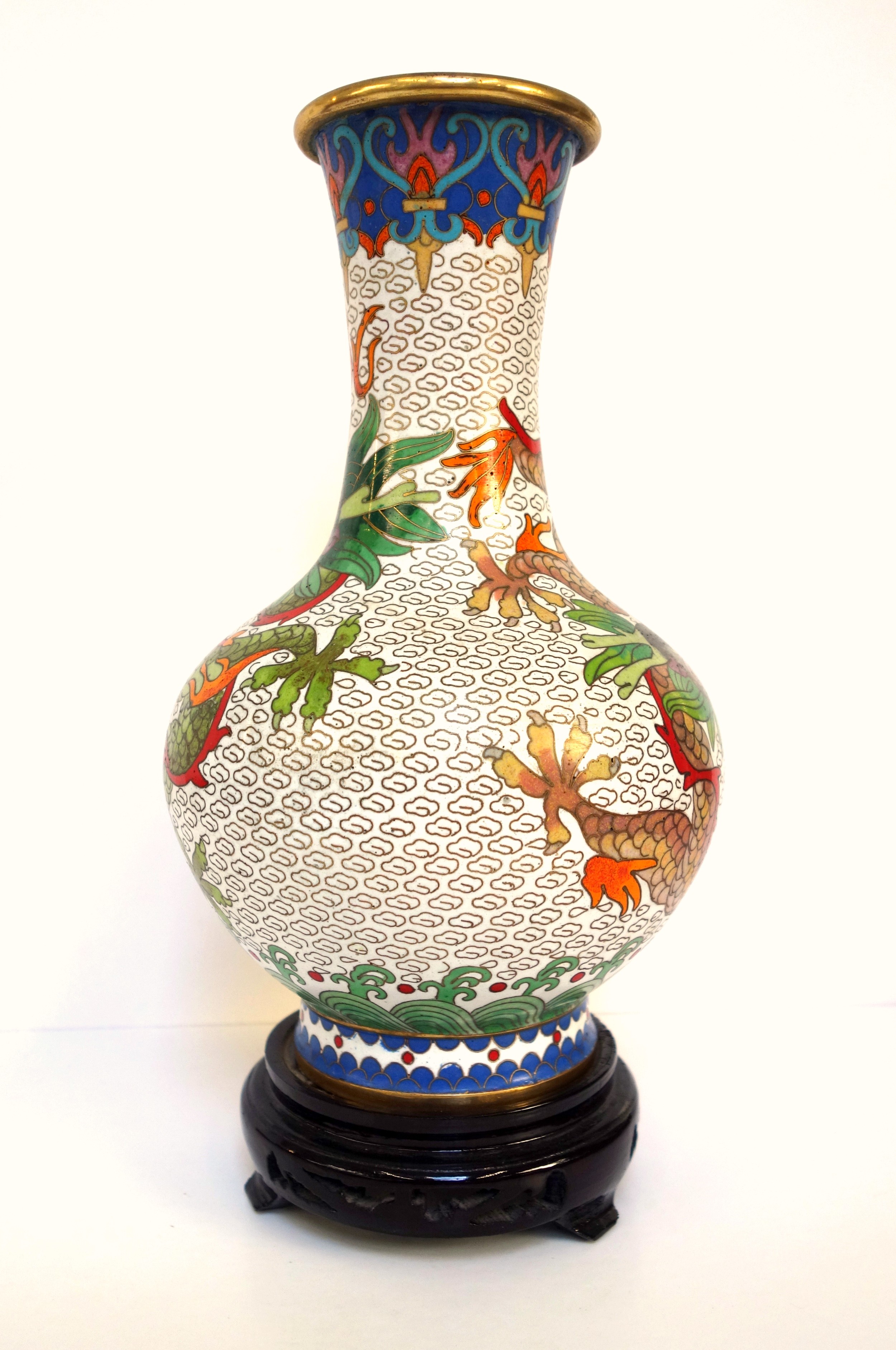 Chinese cloisonne baluster vase with 2 five clawed dragons and the flaming pearl on a white - Image 4 of 6