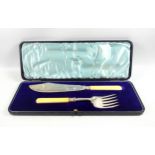 George V silver fish server set with ivorine handles by Walker and Hall, Sheffield, 1915, cased,