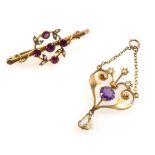 Edwardian 9ct gold heart shaped openwork pendent set amethyst, 3 seed pearls and baroque pearl