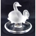 Lalique pin dish surmounted by a pair of frosted glass swans, signed, unboxed, H.10cm