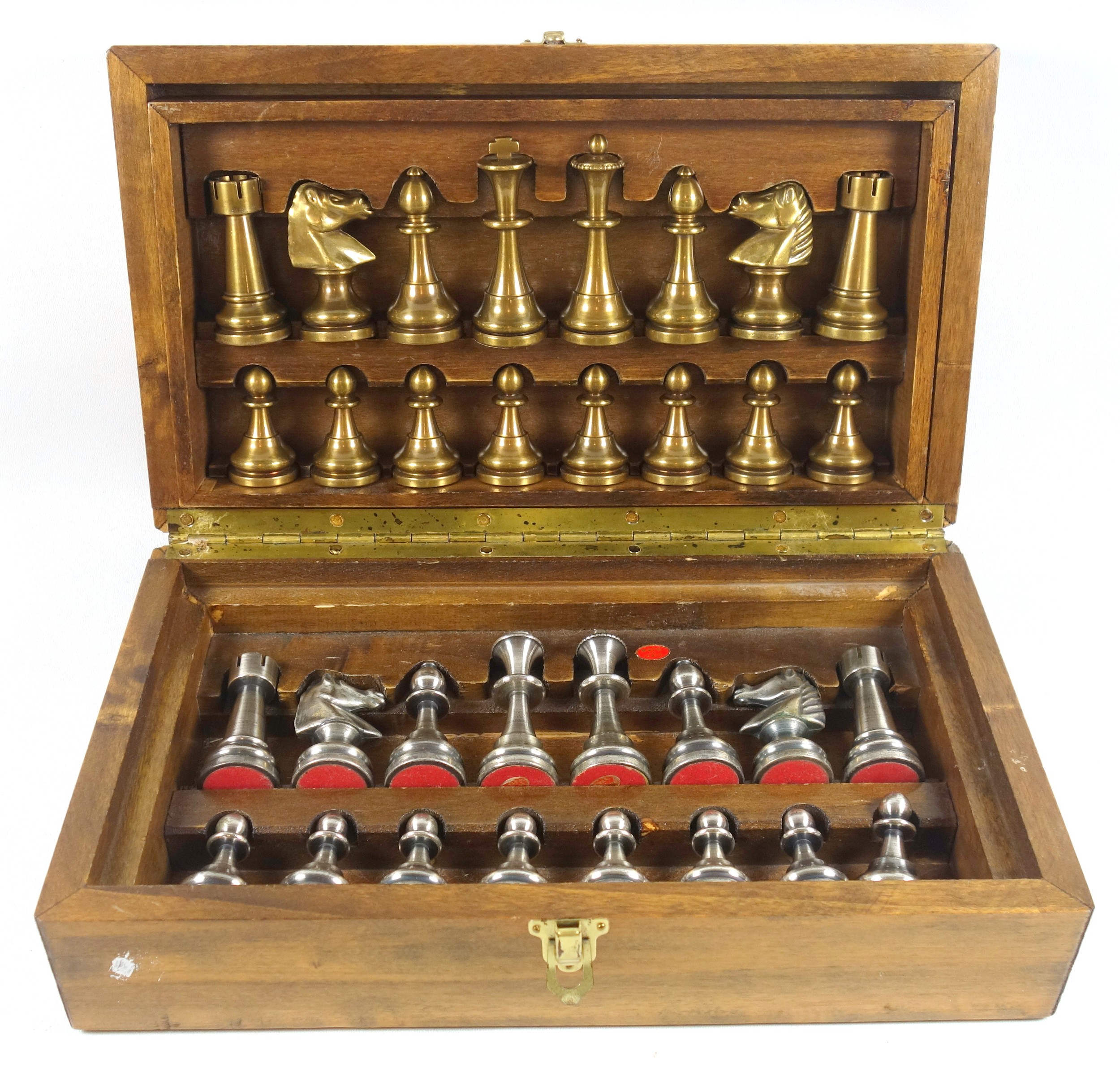 Italian chess set with heavy bronzed and silvered metal pieces, King H.7.8cm, in a wood box, W.32.