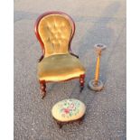 Victorian mahogany buttoned back nursing chair, carved mahogany footstool, and a beech smoker's