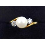 Gold ring set cultured pearl and 2 diamonds, size O - O1/2, gross 3.3grs, (cut repaired)