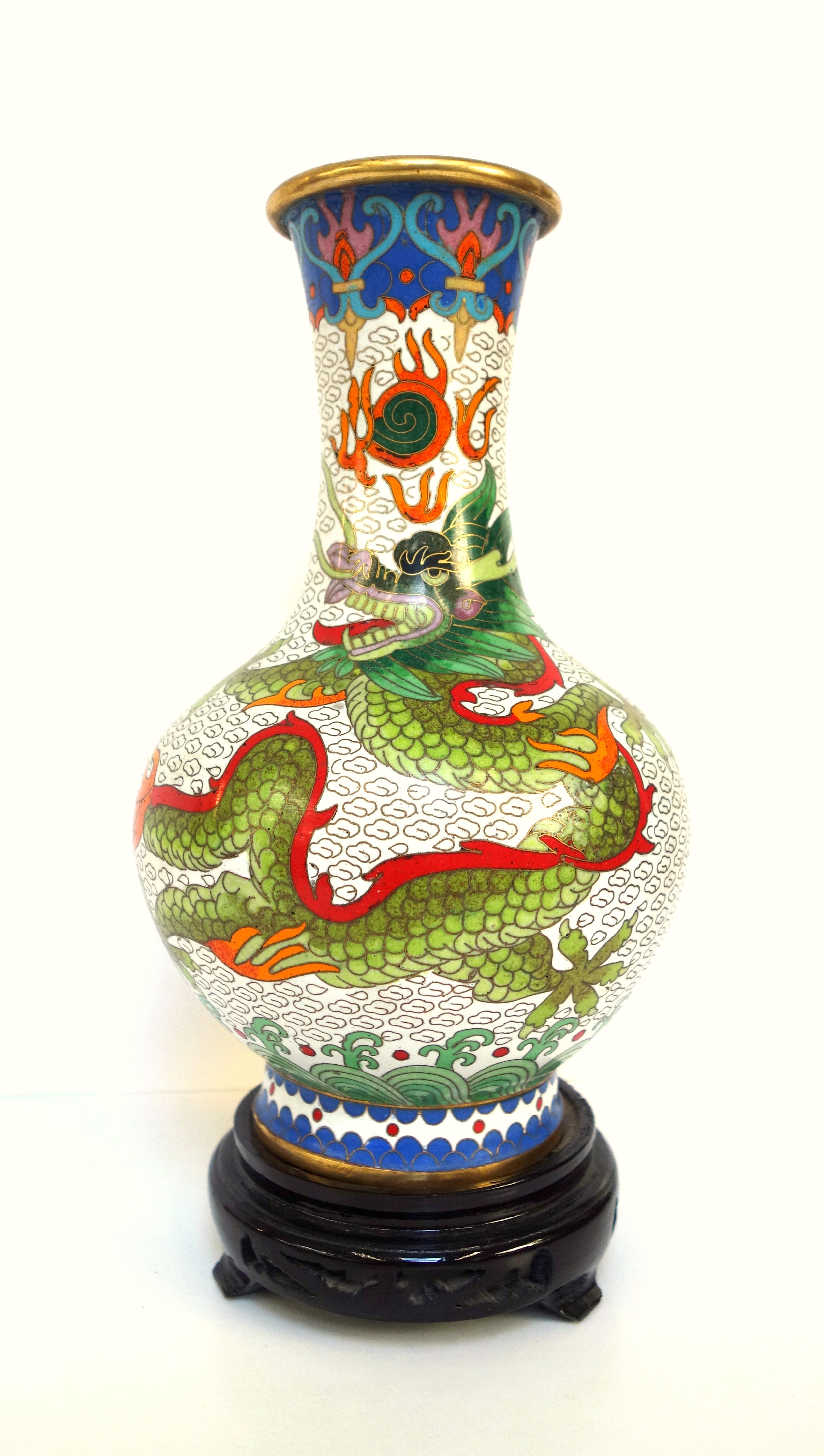 Chinese cloisonne baluster vase with 2 five clawed dragons and the flaming pearl on a white - Image 3 of 6