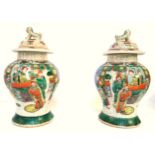 Pair of Chinese famille verte baluster vases, each with a cover surmounted by a dog, decorated