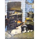 Pollyanna Pickering (1942-2018), Kitchen Interior with a RF range, lamb and a sheepdog, oil on