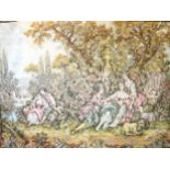 Large Belgian tapestry of a classical scene, of figures in a country garden with an urn and trees,
