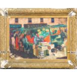 English School, 20th century, Covent Garden scene, oil on board, 53.5 x 75cm, (frame a/f)