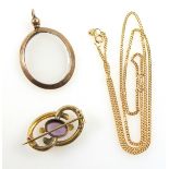 9ct. gold fine curb link necklace 3.1 grams, yellow metal knotted brooch set amethyst, gross 2.1