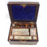 Victorian walnut travelling toilet box with mother of pearl inlay and contents, (a/f), silver