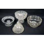 Heavy glass bowl with cut lattice decoration on a raised circular foot, Dia.24cm; Art Deco cut bowl,