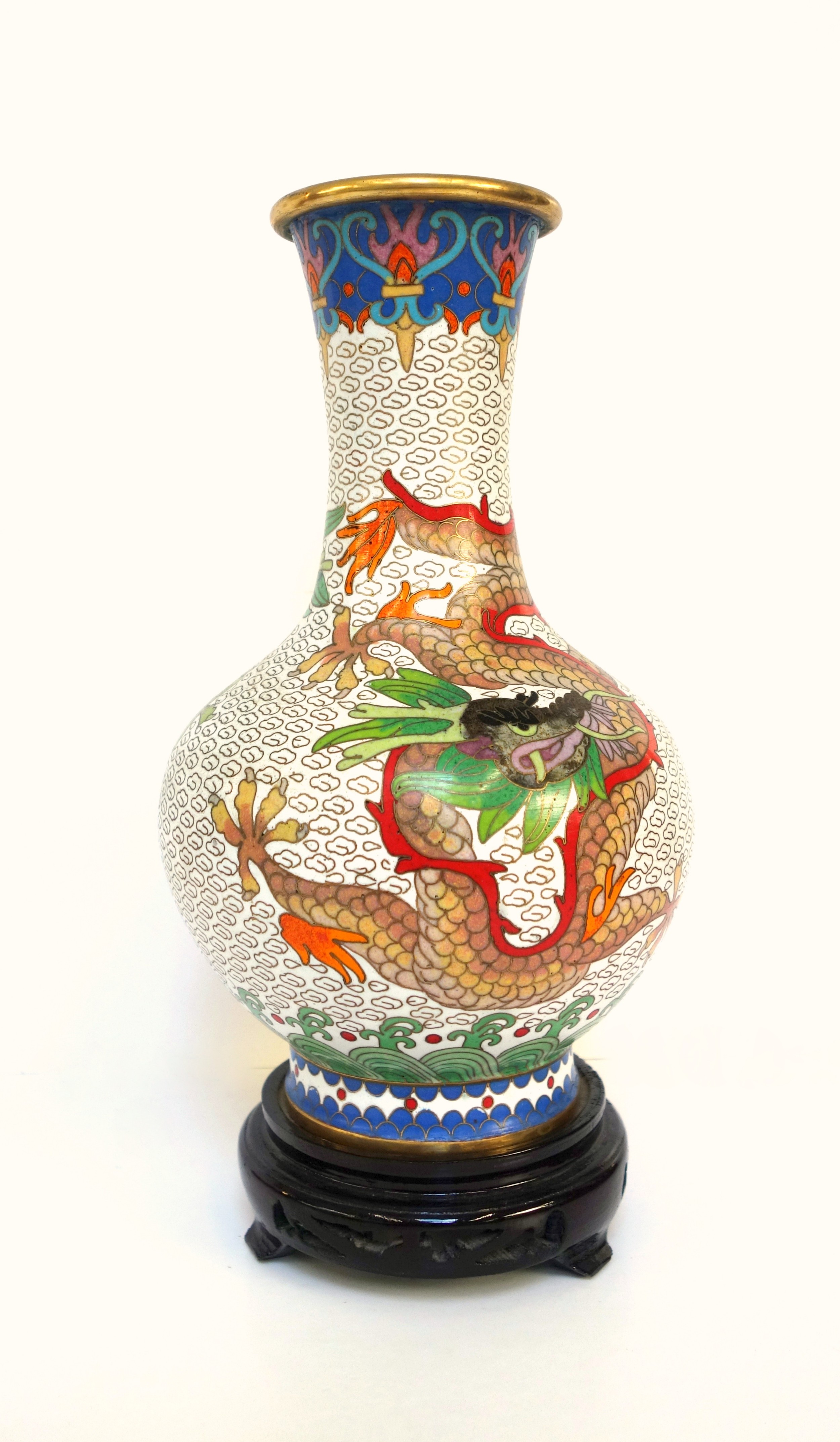 Chinese cloisonne baluster vase with 2 five clawed dragons and the flaming pearl on a white