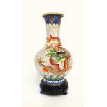 Chinese cloisonne baluster vase with 2 five clawed dragons and the flaming pearl on a white