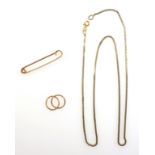 9ct gold box link necklace, 6.7grs; yellow metal tie pin, stamped "9ct", and a pair of yellow