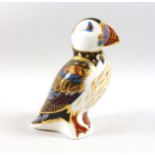 Royal Crown Derby bone china puffin paperweight, silver button, H.11.7cm