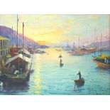 Wing Hang, Hong Kong with river, figures and boats, signed and dated 1962, oil on canvas, 44 x 59.