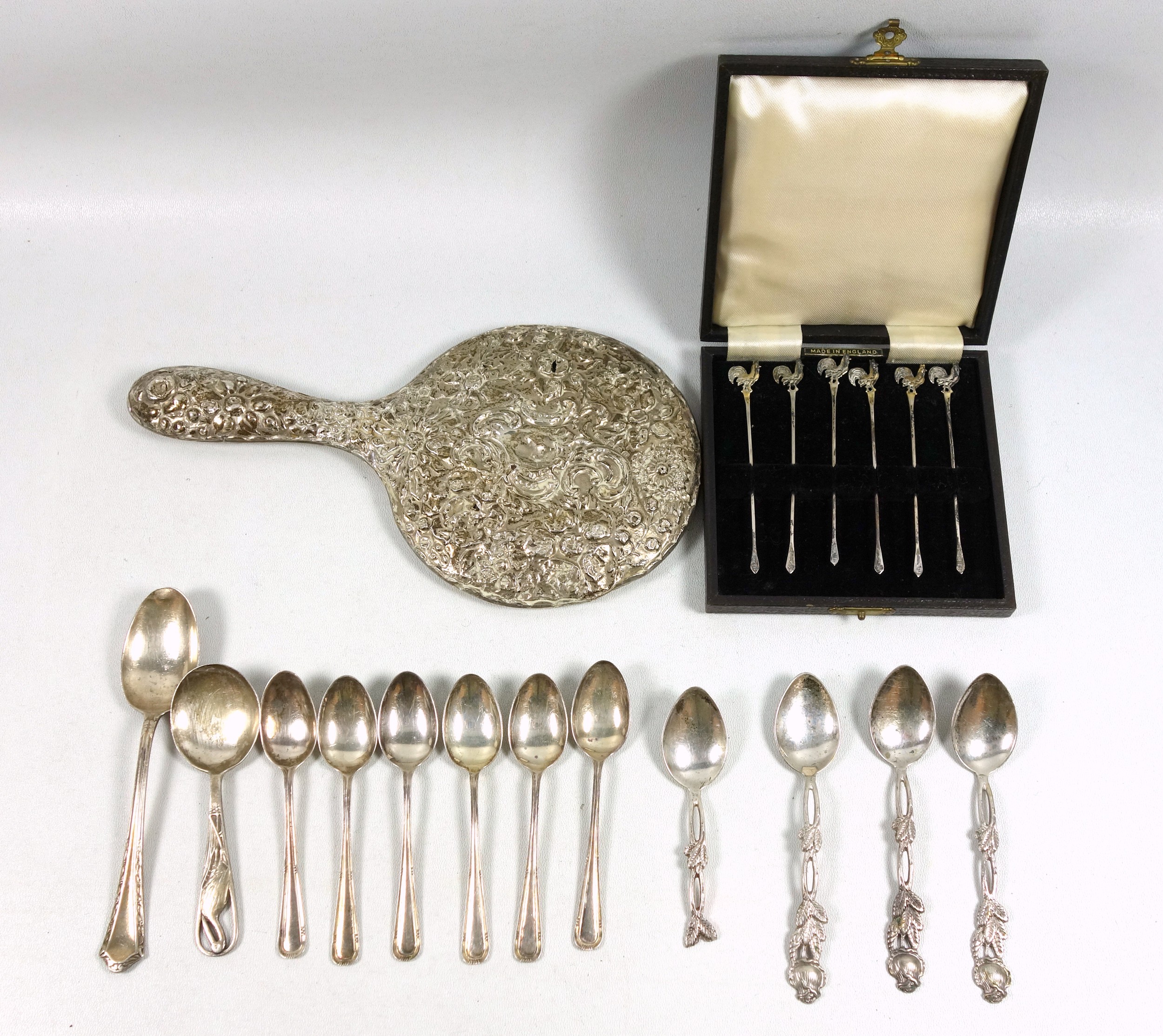 Set of 6 silver cocktail sticks, each with a cock finial, by Barker Brothers Silver Ltd, Birmingham,