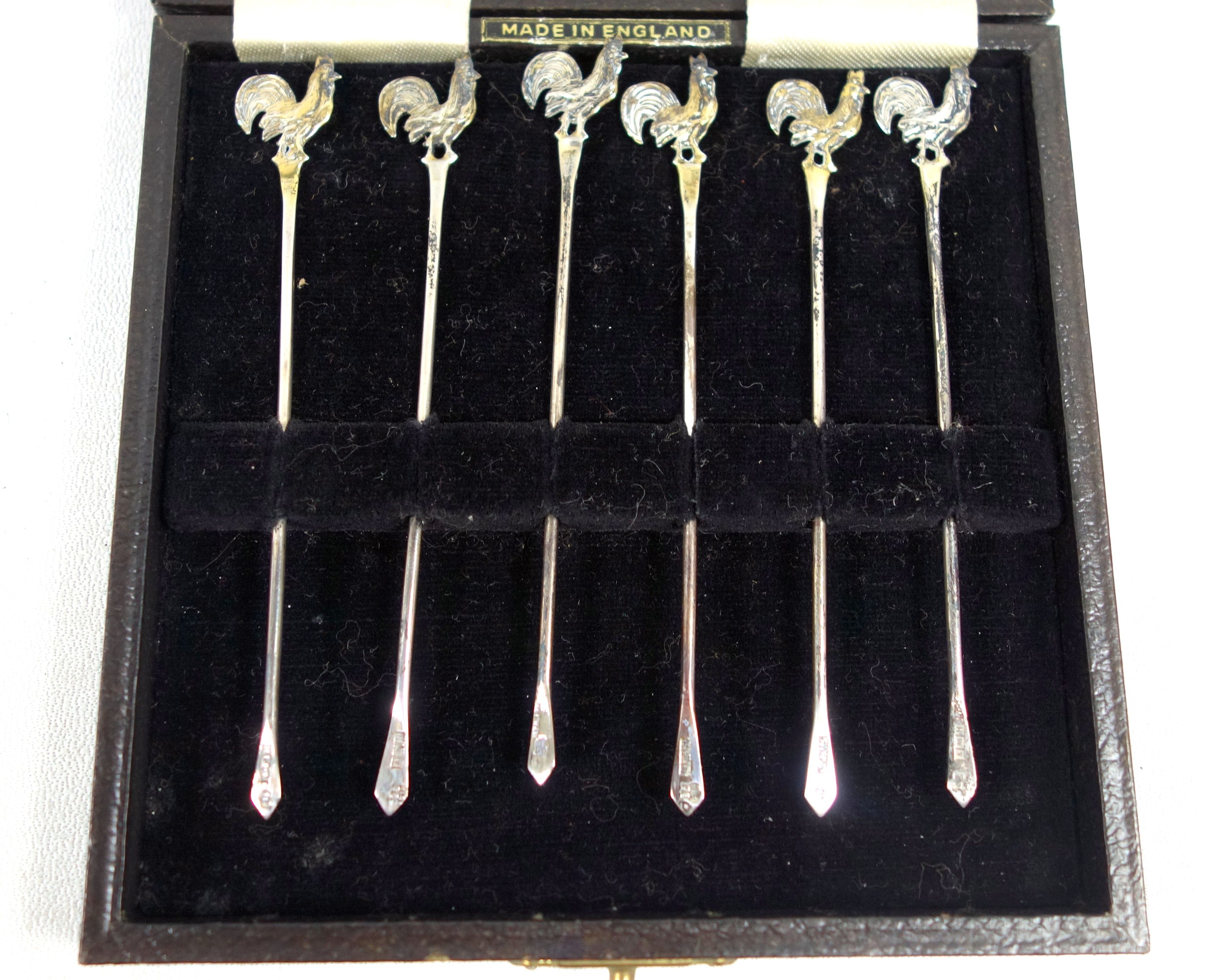 Set of 6 silver cocktail sticks, each with a cock finial, by Barker Brothers Silver Ltd, Birmingham, - Image 2 of 3