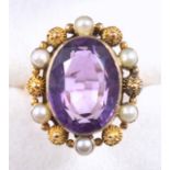 Yellow metal ring set oval cut amethyst and 6 pearls, stamped "9ct", size T 1/2, gross 6.9grs