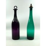 George III amethyst wrythen glass slender decanter with folded lip and brandy stopper, H.32.5cm; and