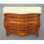 Spanish Louis XV style kingwood and tulipwood bombe commode with inlaid scroll and floral