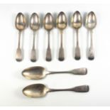 2 George III silver Fiddle pattern tablespoons by John Lias, London, 1816; and a set of 6