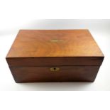 Victorian walnut writing slope with inlaid brass escutcheon and vacant cartouche to cover, purple