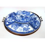 Edwardian earthenware entree set with blue and white willow pattern decoration, comprising 5