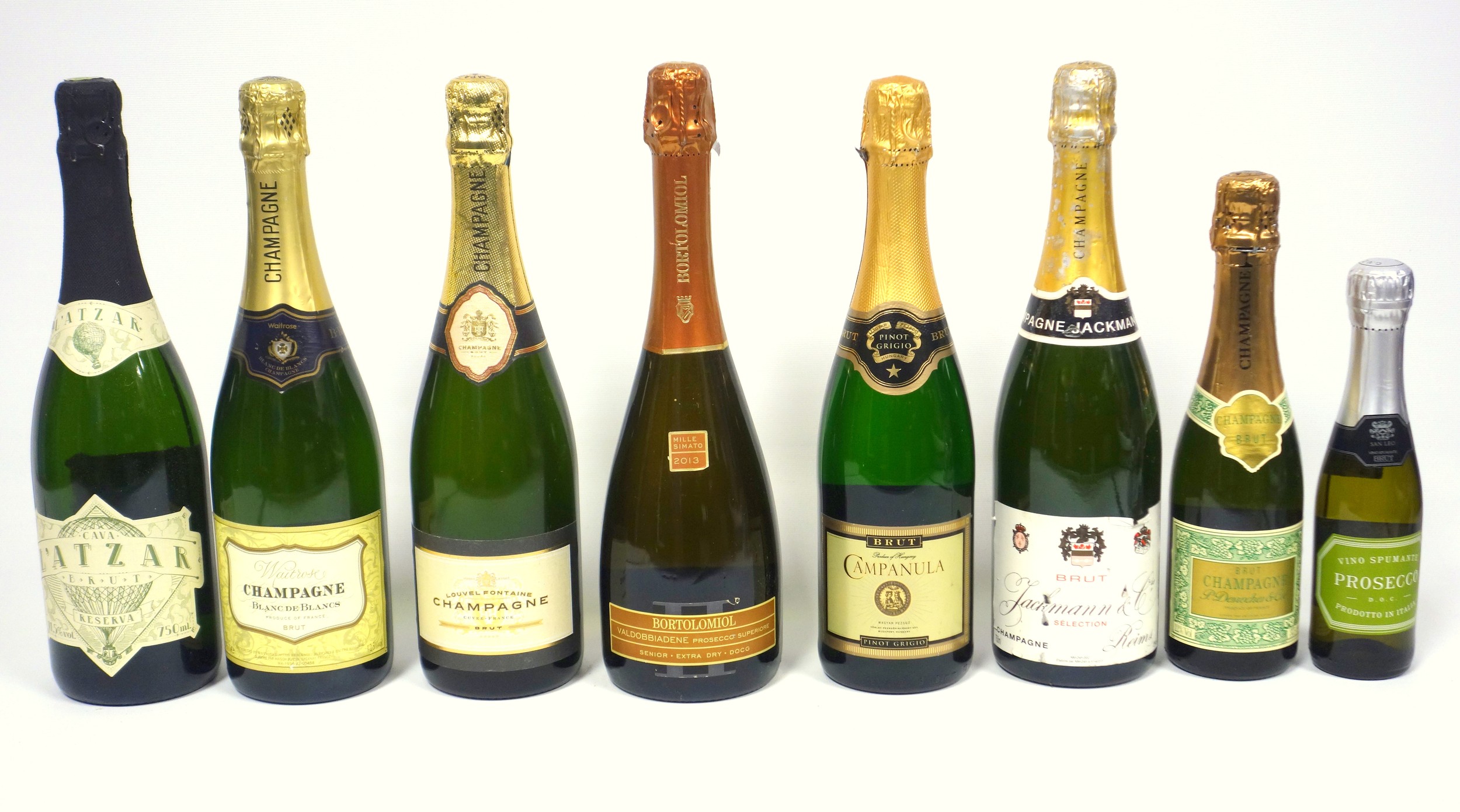 Waitrose Champagne Blanc de Blancs, N.V., 75cl; 2 other N.V. Champagnes and a half bottle; 3 other