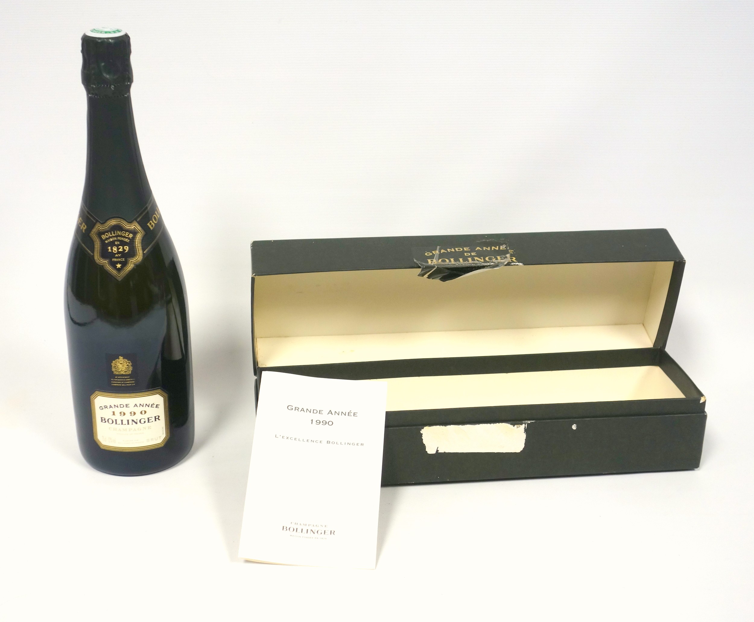 Bottle of Bollinger Grande Annee Champagne, 1990, 75cl, labels good, boxed, with booklet