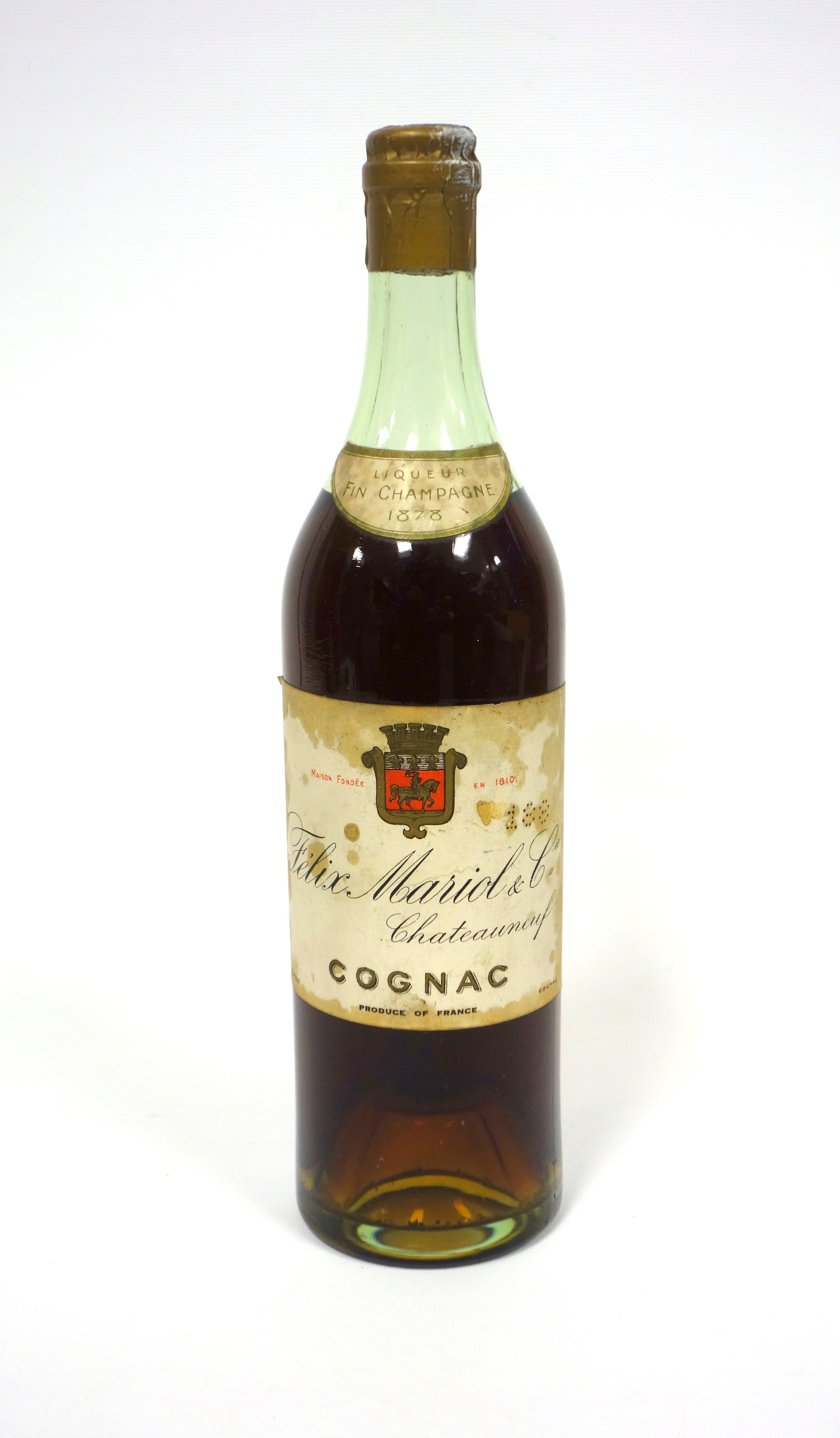 Single bottle of 1878 vintage Felix Mariol et Cie, Chateauneuf, Fine Champagne Cognac, unopened,