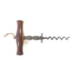 19th century Henshall type corkscrew, missing its brush, with a hardwood handle, steel shank and