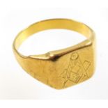 Yellow metal masonic ring, internal diameter 21.25 mm, possibly 18ct, 11.8grs