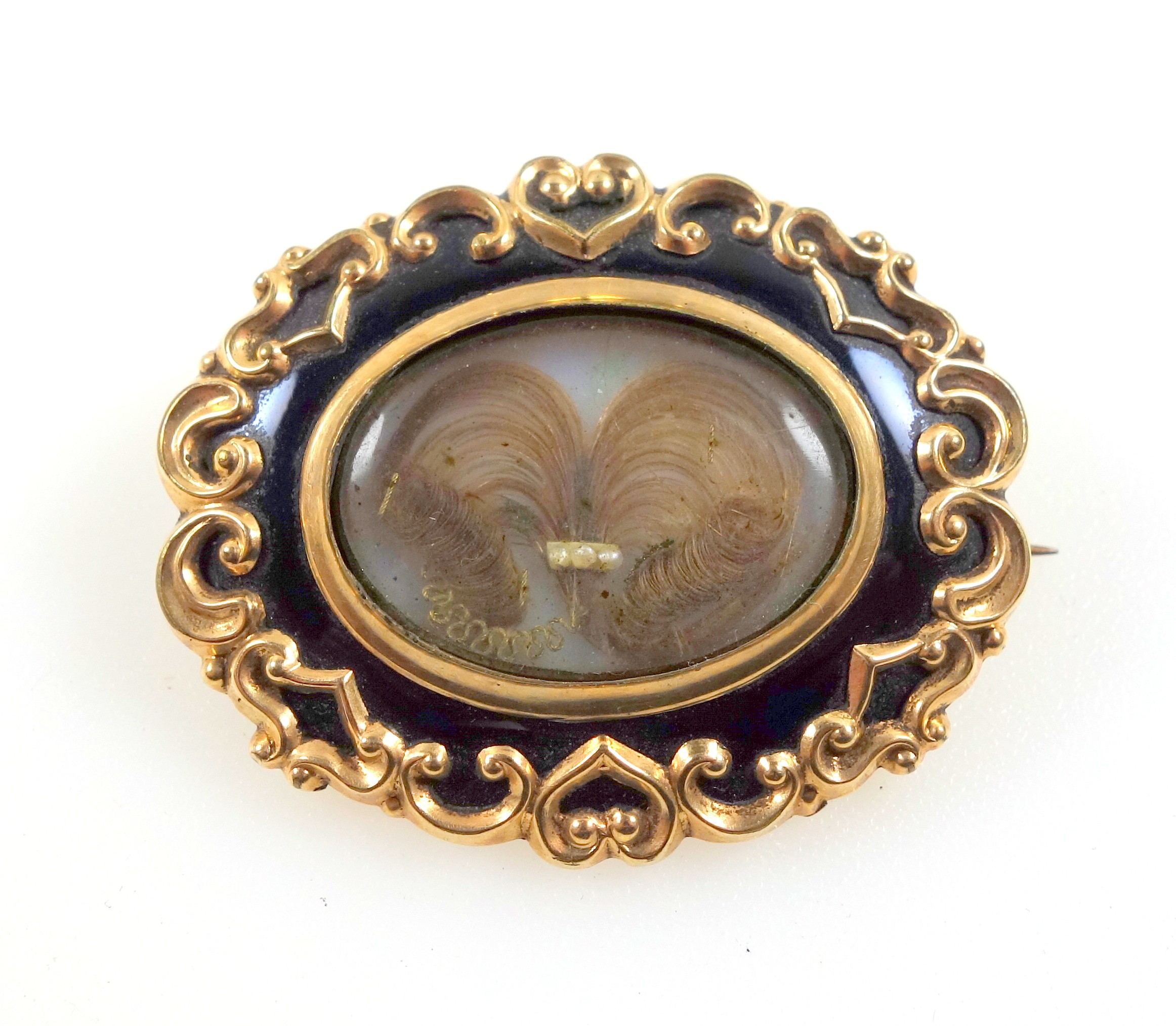 Victorian Memento Mori gilt metal and enamel mourning brooch with braided hair, L. 4.2cm