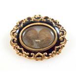 Victorian Memento Mori gilt metal and enamel mourning brooch with braided hair, L. 4.2cm