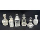 3 square cut spirit decanters, each with a stopper, and 3 other decanters with stoppers. (6)