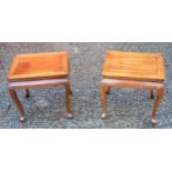 Pair of Chinese hardwood rectangular tables, each on cabriole legs, 46.3 x 48 x 40cm overall. (2)