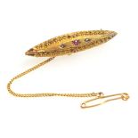 Late Victorian 15ct gold oval shaped brooch set garnet and 2 diamonds, by S U, Birmingham, 1897, W.